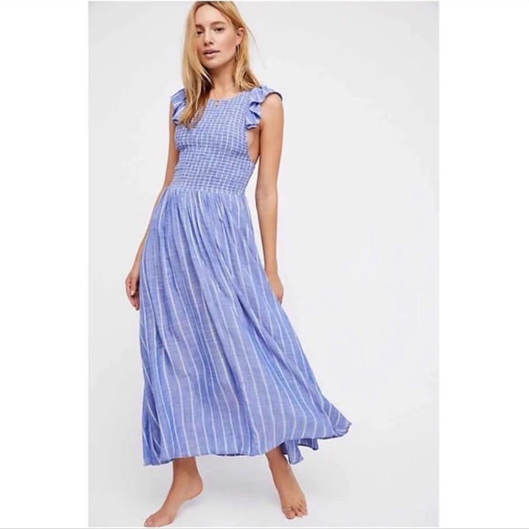 Free People Dresses & Skirts - FREE PEOPLE Chambray Butterflies Midi Dress Small Blue White Stripe Boho Button